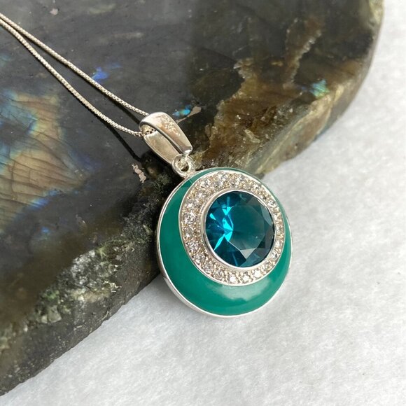 Sterling Silver 925 David Sigal Round Turquoise Enamel Pendant Necklace 20" - Picture 5 of 16